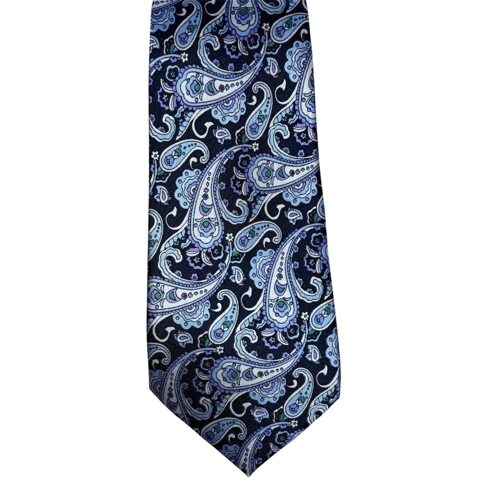 KM Milano Mens Silk Tie Navy Blue Purple Paisley Italian Hand Made Necktie 55in